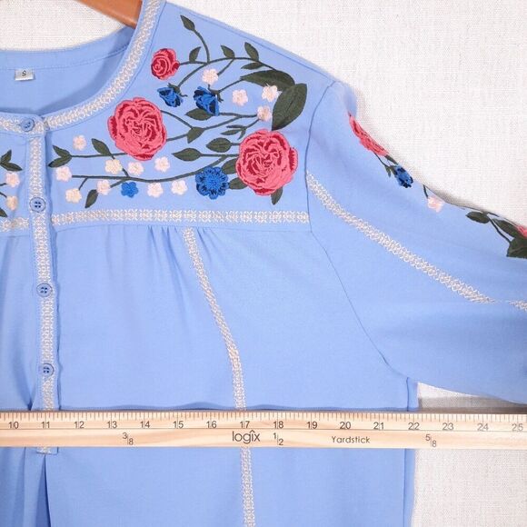Women's Floral Embroidered Tunic Top Size Small Pleated CottageCore Blue - Picture 16 of 16